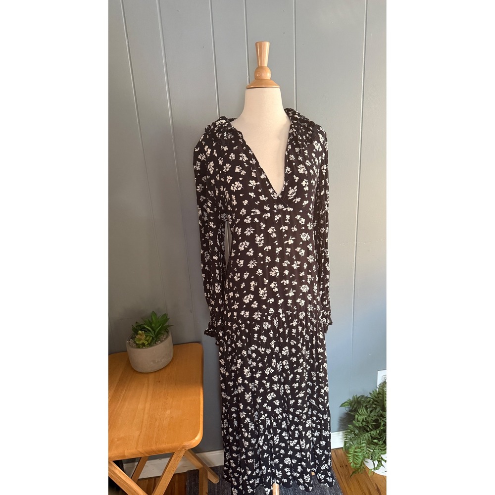 RIXO Mali Womens XL Black Floral Tiered Maxi Dress V-Neck Cottagecore US 12 Boho